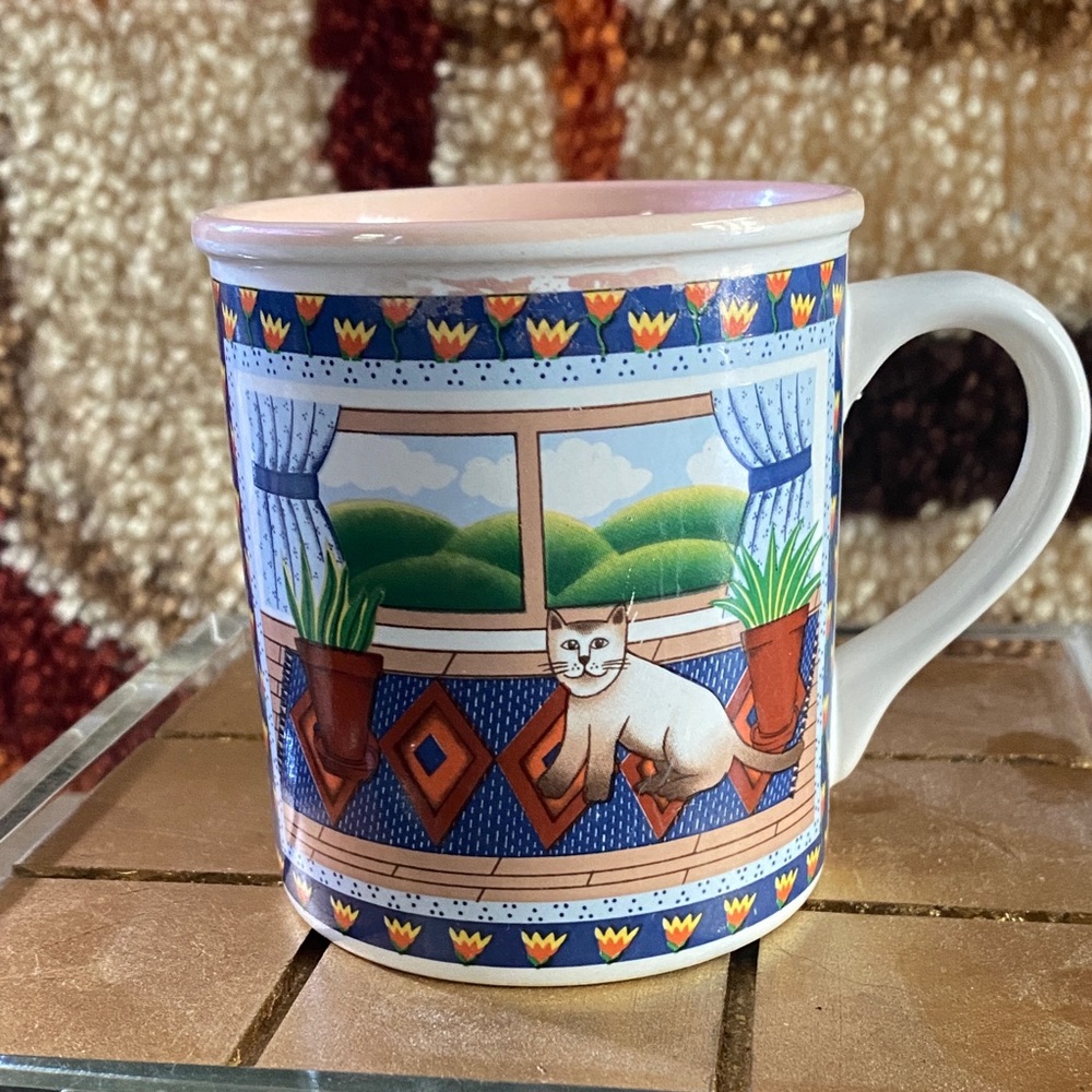 80s Vintage Siamese Cat in Windows with plants and curtains Coffee or Tea Mug